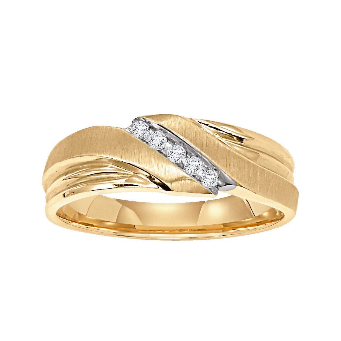 Comfort fit, diamond wedding band with bright and satin finishes and channel set design.