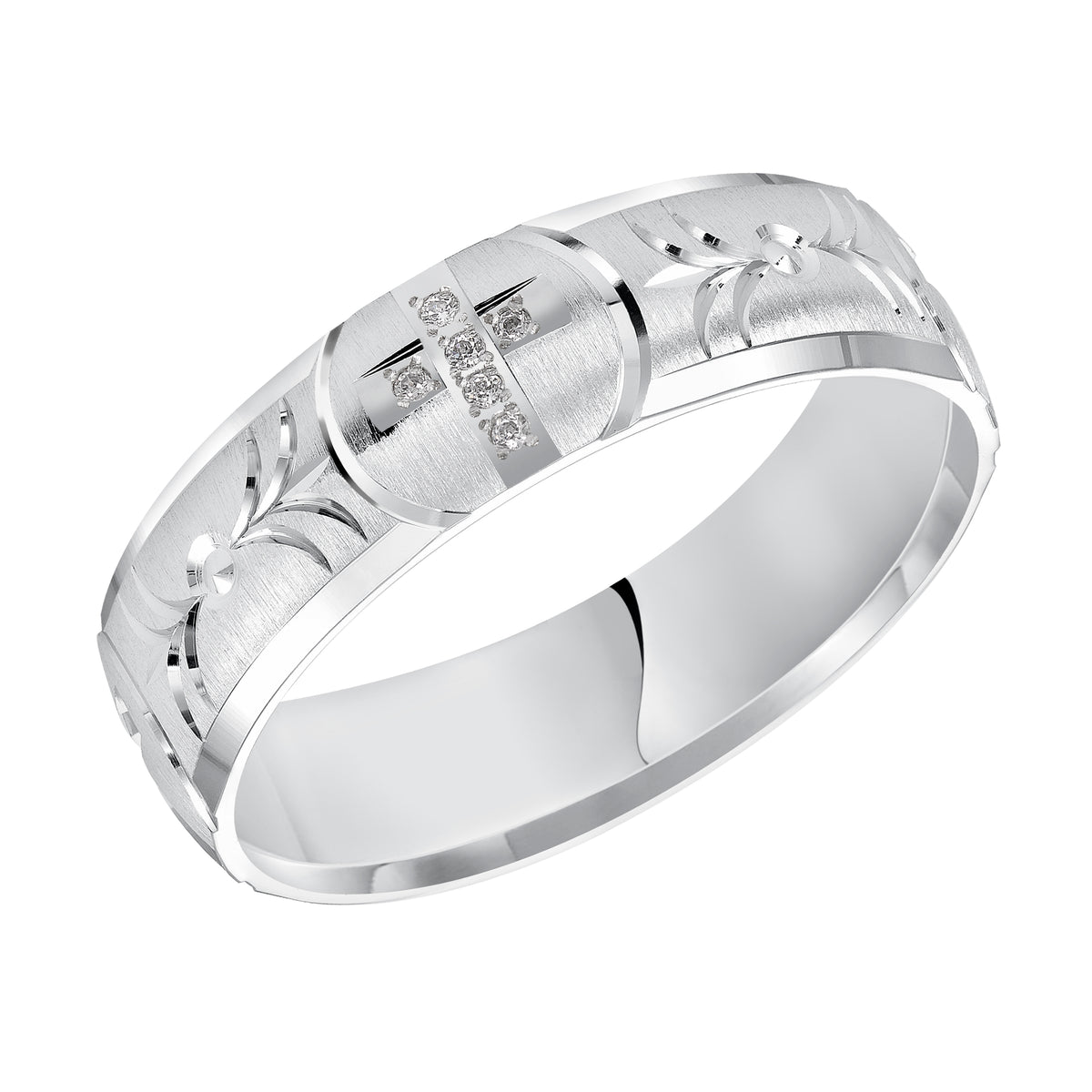 Set to perfection, an exquisite diamond cross enhances this Comfort Fit, wedding band with bright cuts, a vertical satin finish and beveled edge