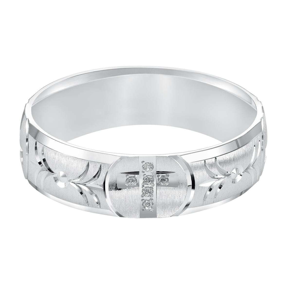 Set to perfection, an exquisite diamond cross enhances this Comfort Fit, wedding band with bright cuts, a vertical satin finish and beveled edge