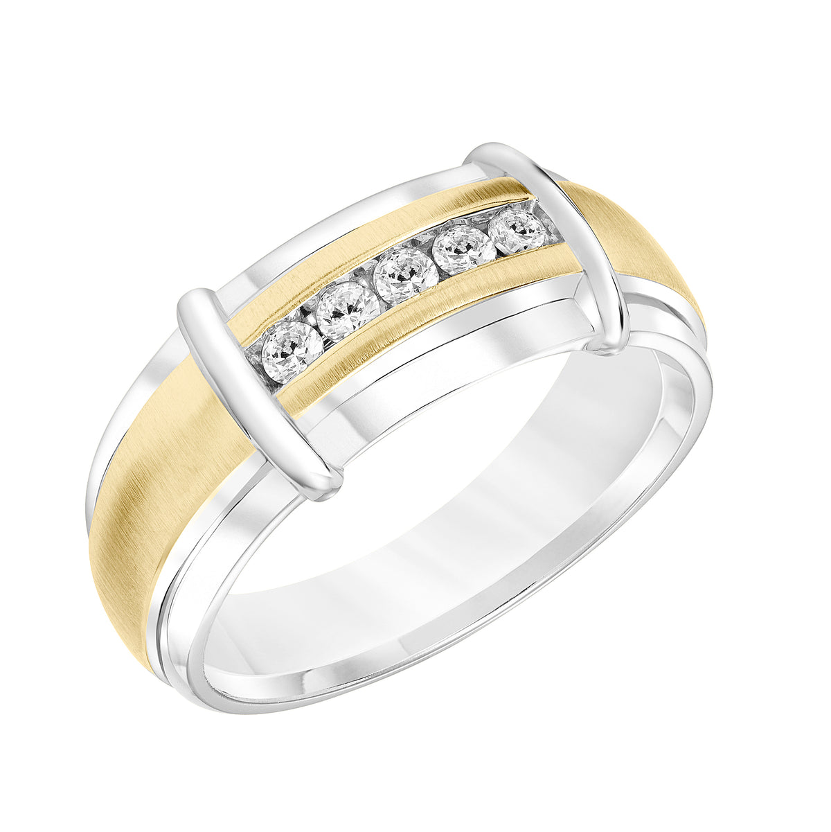 Tapered Profile Men's Band with Front Channel Set Diamonds with Satin Finish and High Polished Stations and Edge