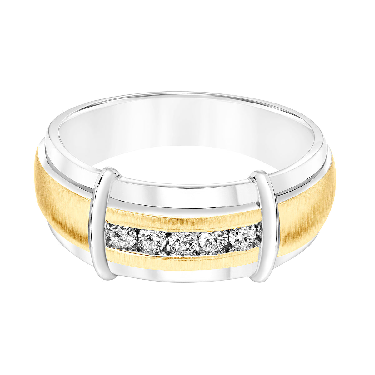 Tapered Profile Men's Band with Front Channel Set Diamonds with Satin Finish and High Polished Stations and Edge