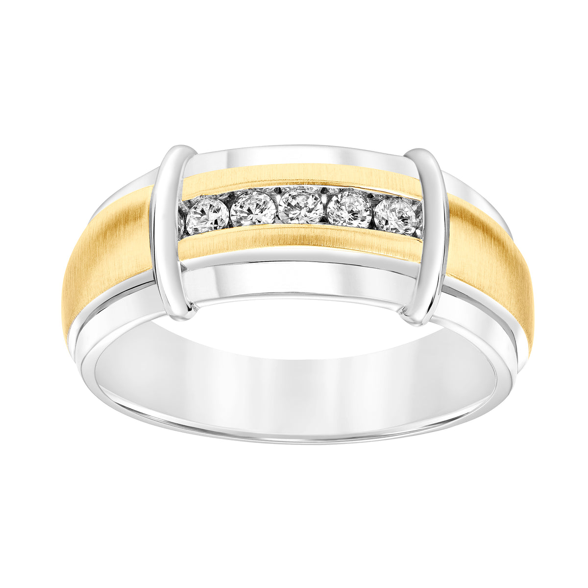 Tapered Profile Men's Band with Front Channel Set Diamonds with Satin Finish and High Polished Stations and Edge