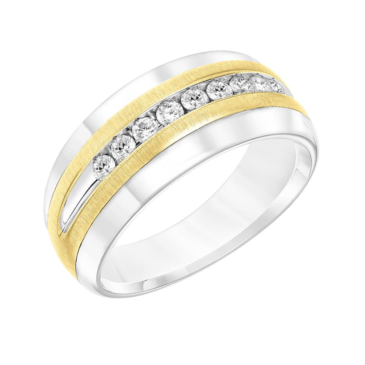 Tapered Profile Men's Band with Front Channel Set Diamonds with Satin Finish and High Polished Edge