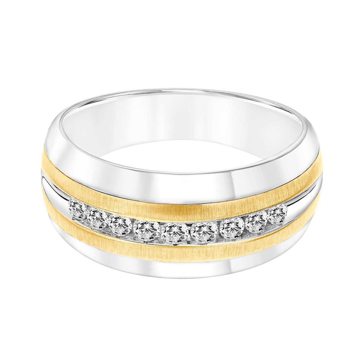 Tapered Profile Men's Band with Front Channel Set Diamonds with Satin Finish and High Polished Edge