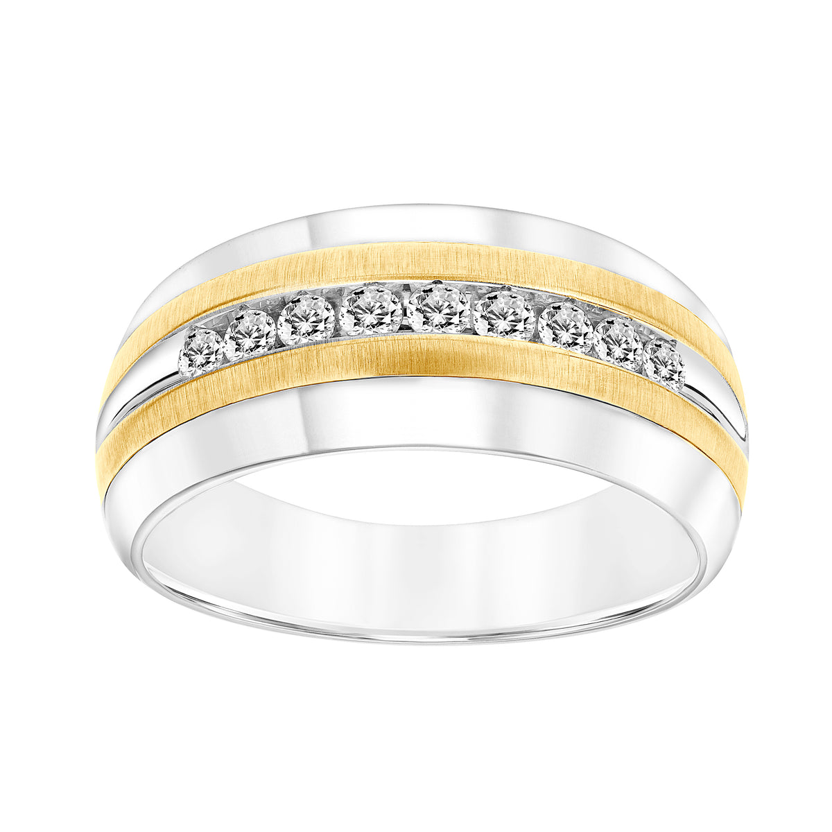 Tapered Profile Men's Band with Front Channel Set Diamonds with Satin Finish and High Polished Edge
