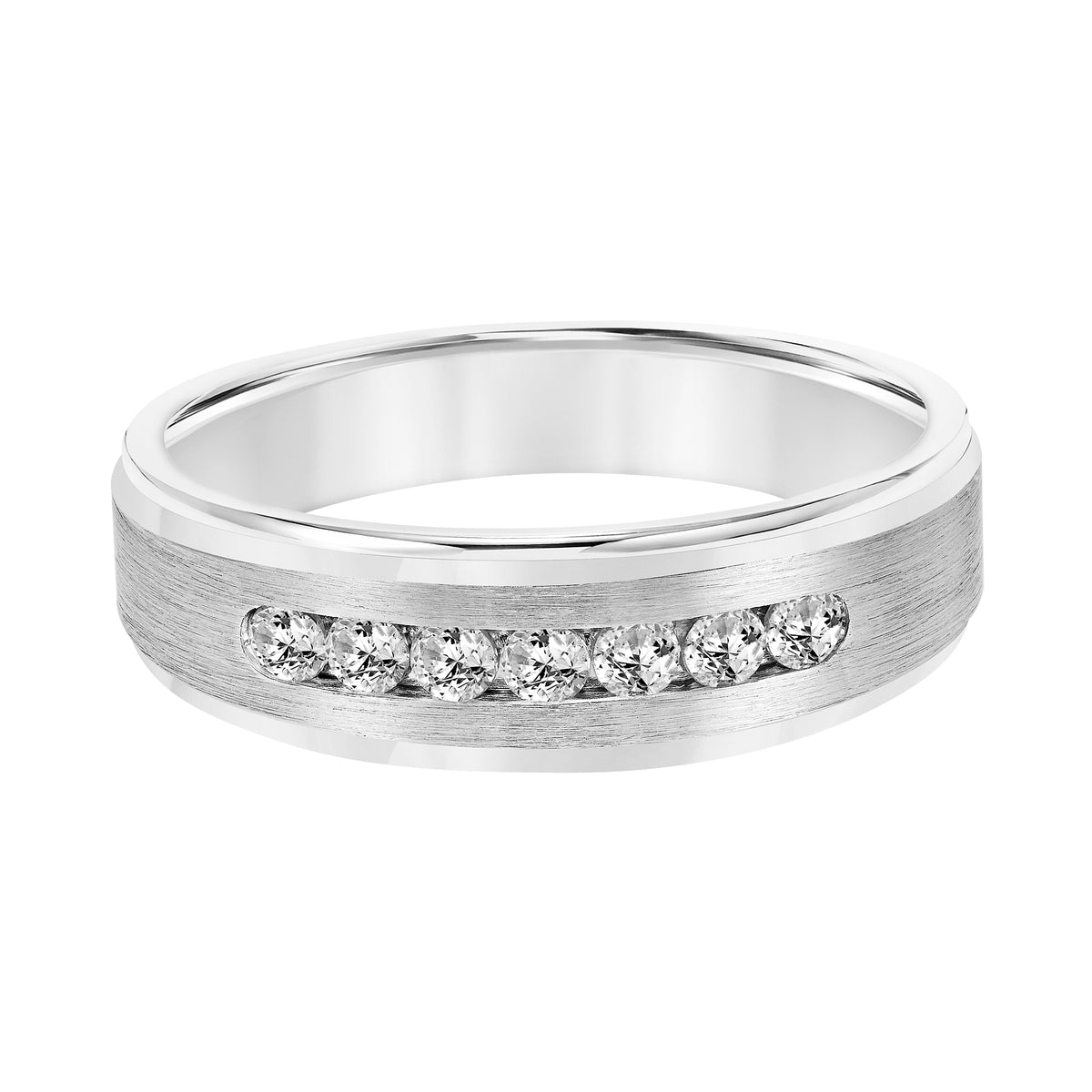 Men's Tapered Band with Domed Profile and Brushed Center with Channel Set Diamonds and Round Edge