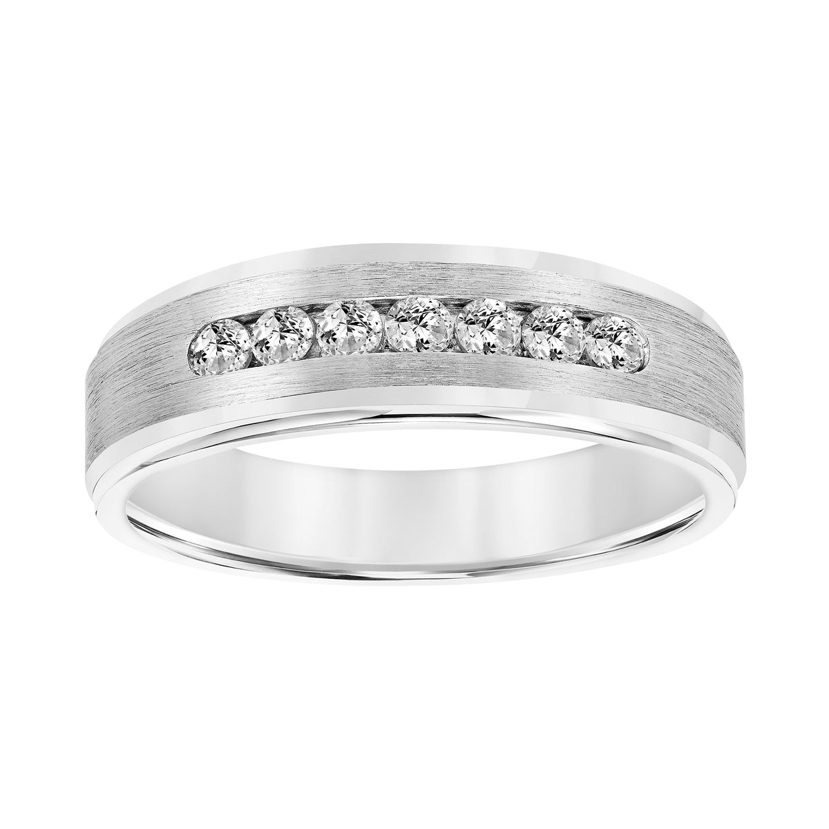 Men's Tapered Band with Domed Profile and Brushed Center with Channel Set Diamonds and Round Edge