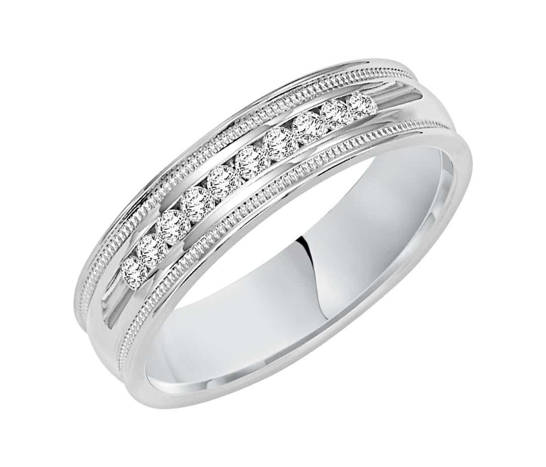 Traditional milgrain paired with a modern, bright finish, round edges and 10 stone channel set diamonds are the perfect combination for this exquisite, Comfort Fit, wedding band