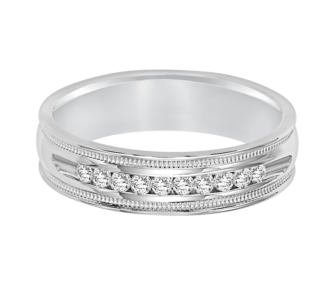 Traditional milgrain paired with a modern, bright finish, round edges and 10 stone channel set diamonds are the perfect combination for this exquisite, Comfort Fit, wedding band