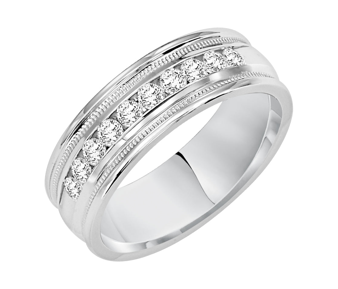Traditional milgrain paired with a modern, bright finish, round edges and 10 stone channel set diamonds are the perfect combination for this exquisite, Comfort Fit, wedding band