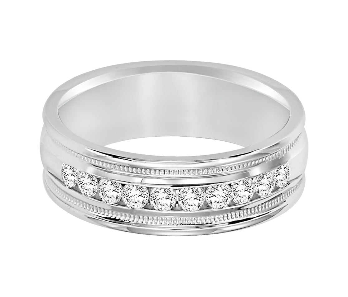 Traditional milgrain paired with a modern, bright finish, round edges and 10 stone channel set diamonds are the perfect combination for this exquisite, Comfort Fit, wedding band