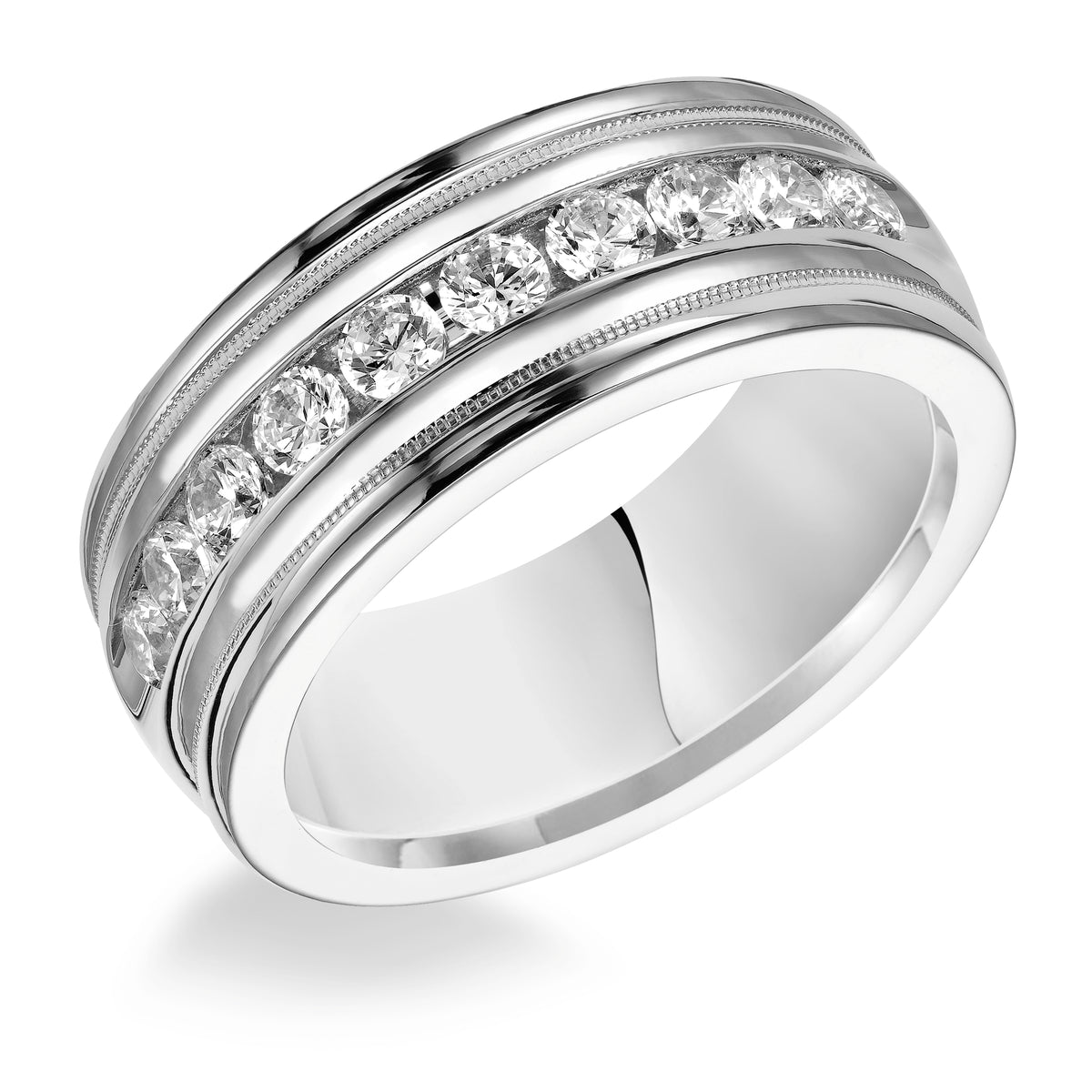 Traditional milgrain paired with a modern, bright finish, round edges and 10 stone channel set diamonds are the perfect combination for this exquisite, Comfort Fit, wedding band