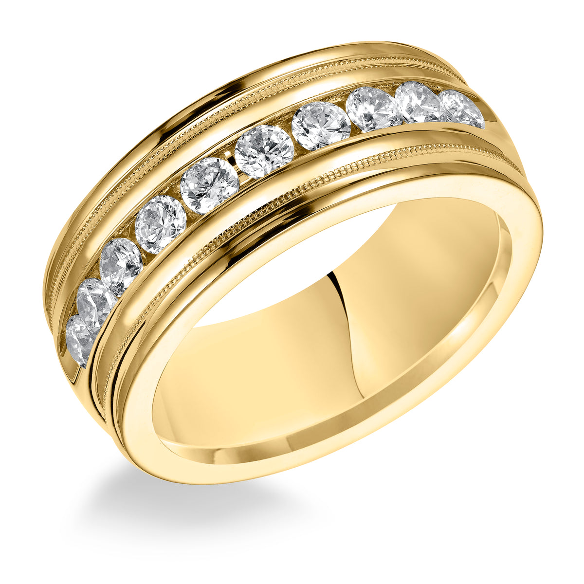 Traditional milgrain paired with a modern, bright finish, round edges and 10 stone channel set diamonds are the perfect combination for this exquisite, Comfort Fit, wedding band