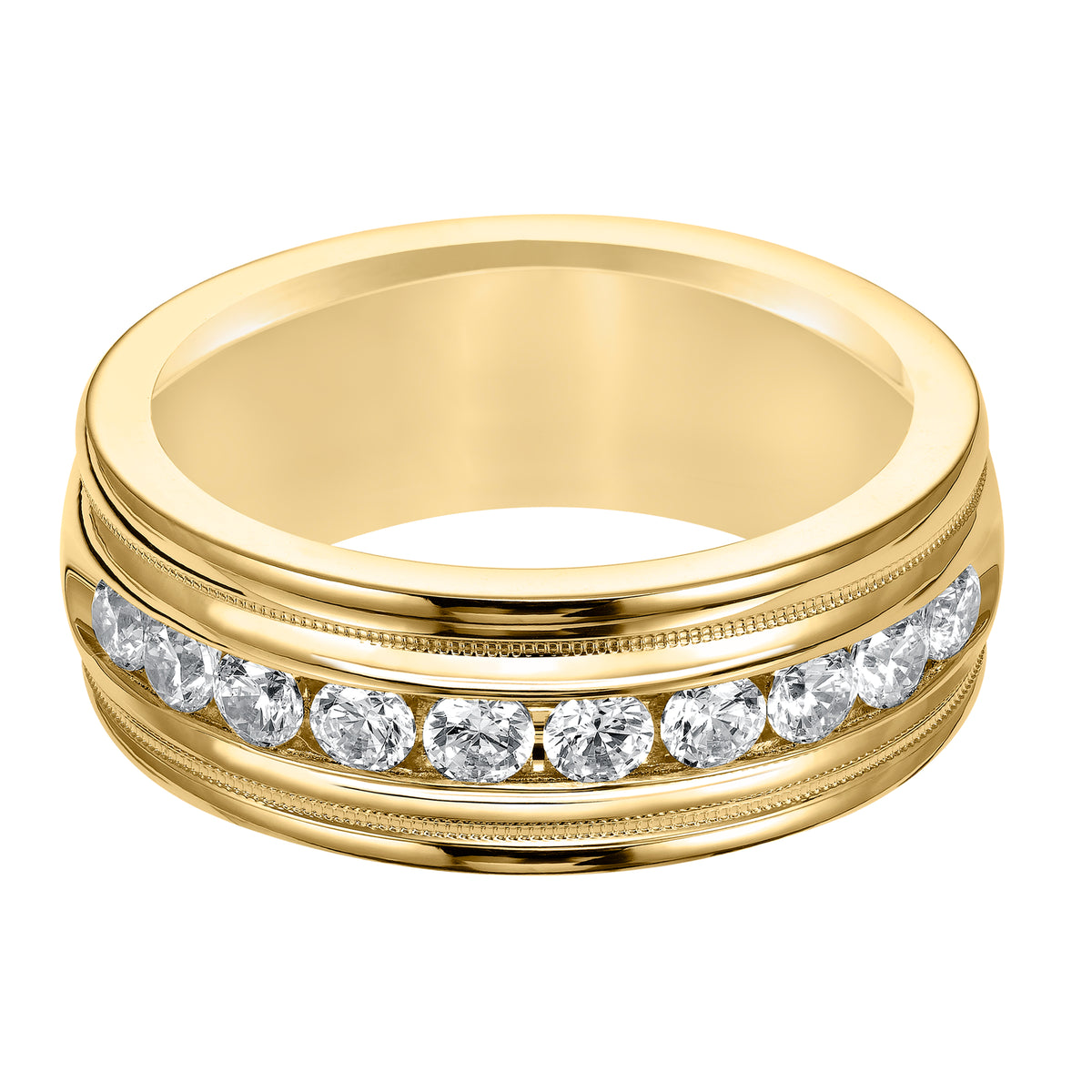 Traditional milgrain paired with a modern, bright finish, round edges and 10 stone channel set diamonds are the perfect combination for this exquisite, Comfort Fit, wedding band