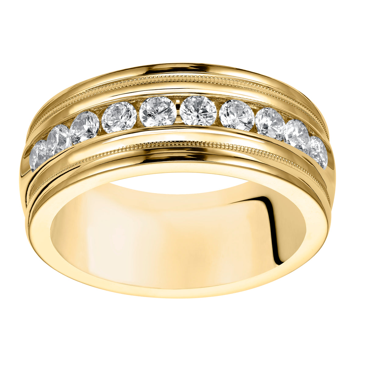 Traditional milgrain paired with a modern, bright finish, round edges and 10 stone channel set diamonds are the perfect combination for this exquisite, Comfort Fit, wedding band