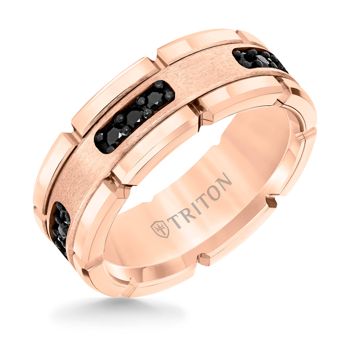 8mm Rose Tungsten Carbide Ring with Black Diamond Satin Center and Link Edge