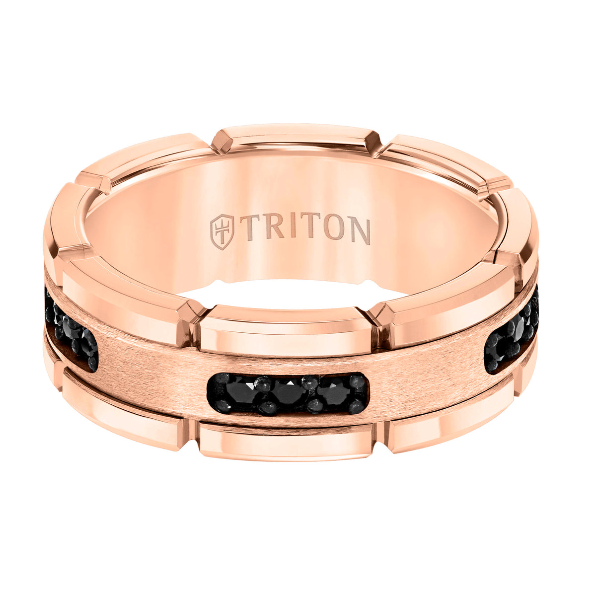 8mm Rose Tungsten Carbide Ring with Black Diamond Satin Center and Link Edge