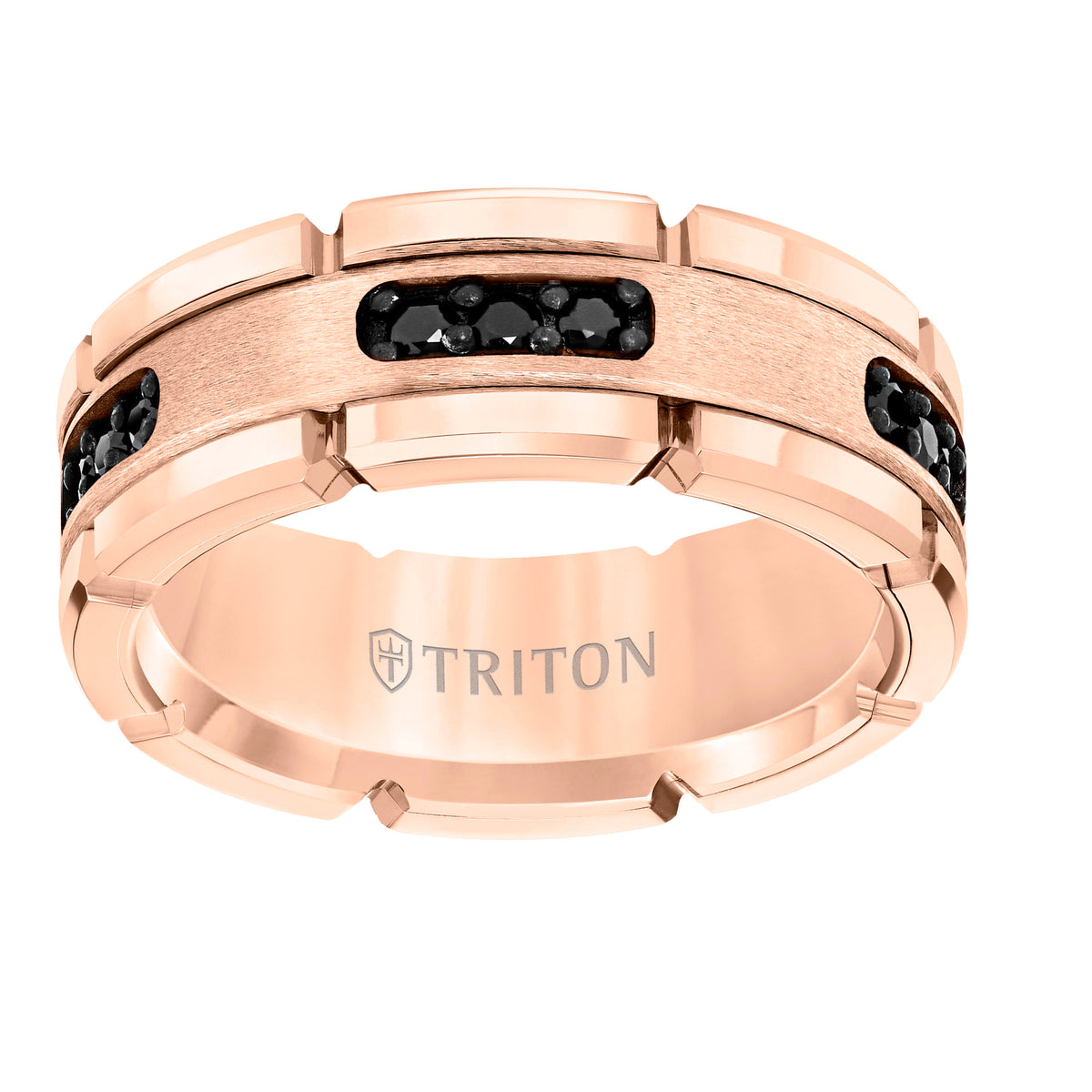 8mm Rose Tungsten Carbide Ring with Black Diamond Satin Center and Link Edge