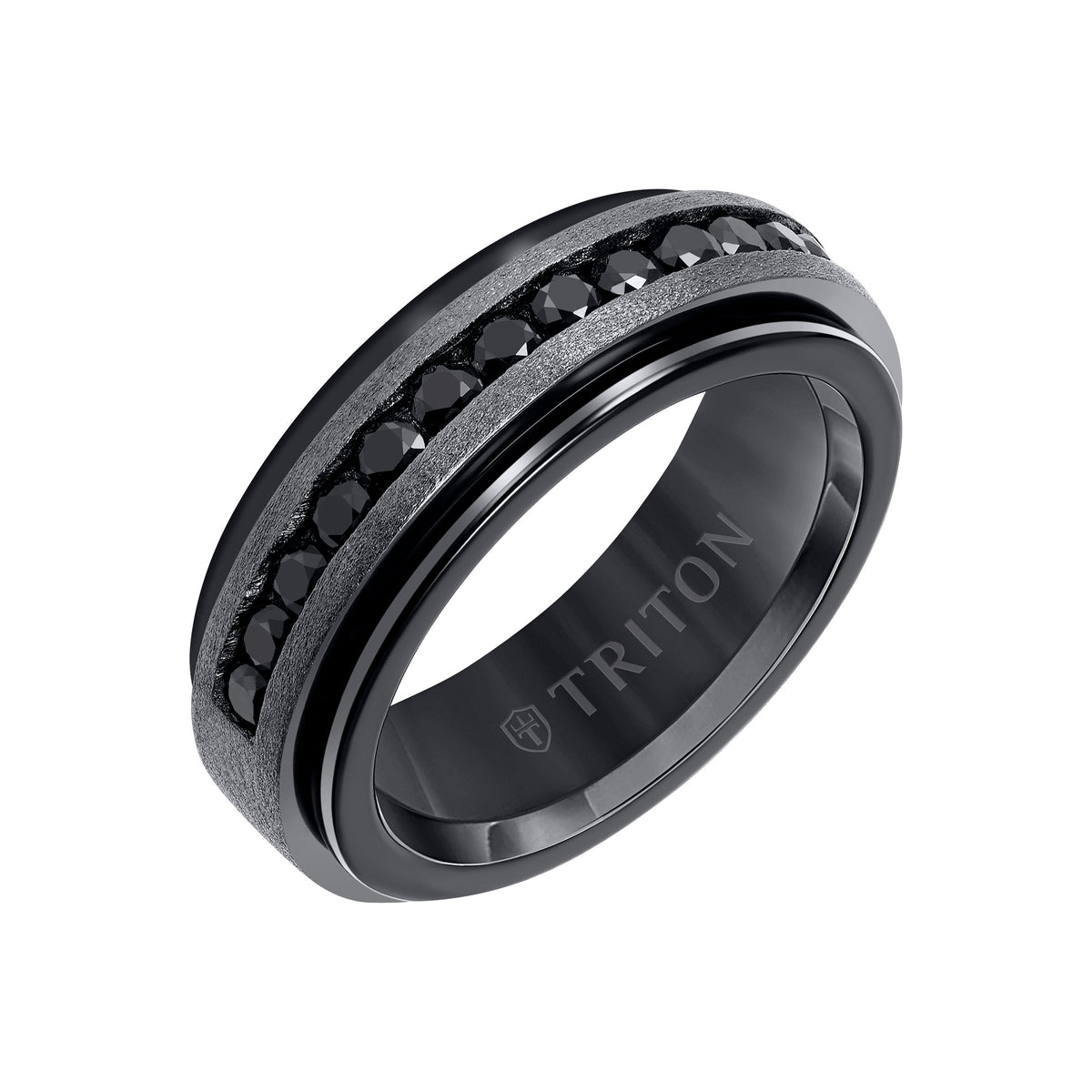 8mm Classic Tungsten Carbide Ring with Black Sapphire Channel Set Silver Satin Finish