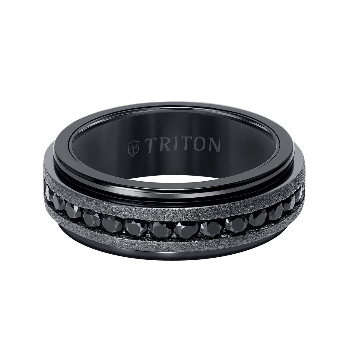 8mm Classic Tungsten Carbide Ring with Black Sapphire Channel Set Silver Satin Finish