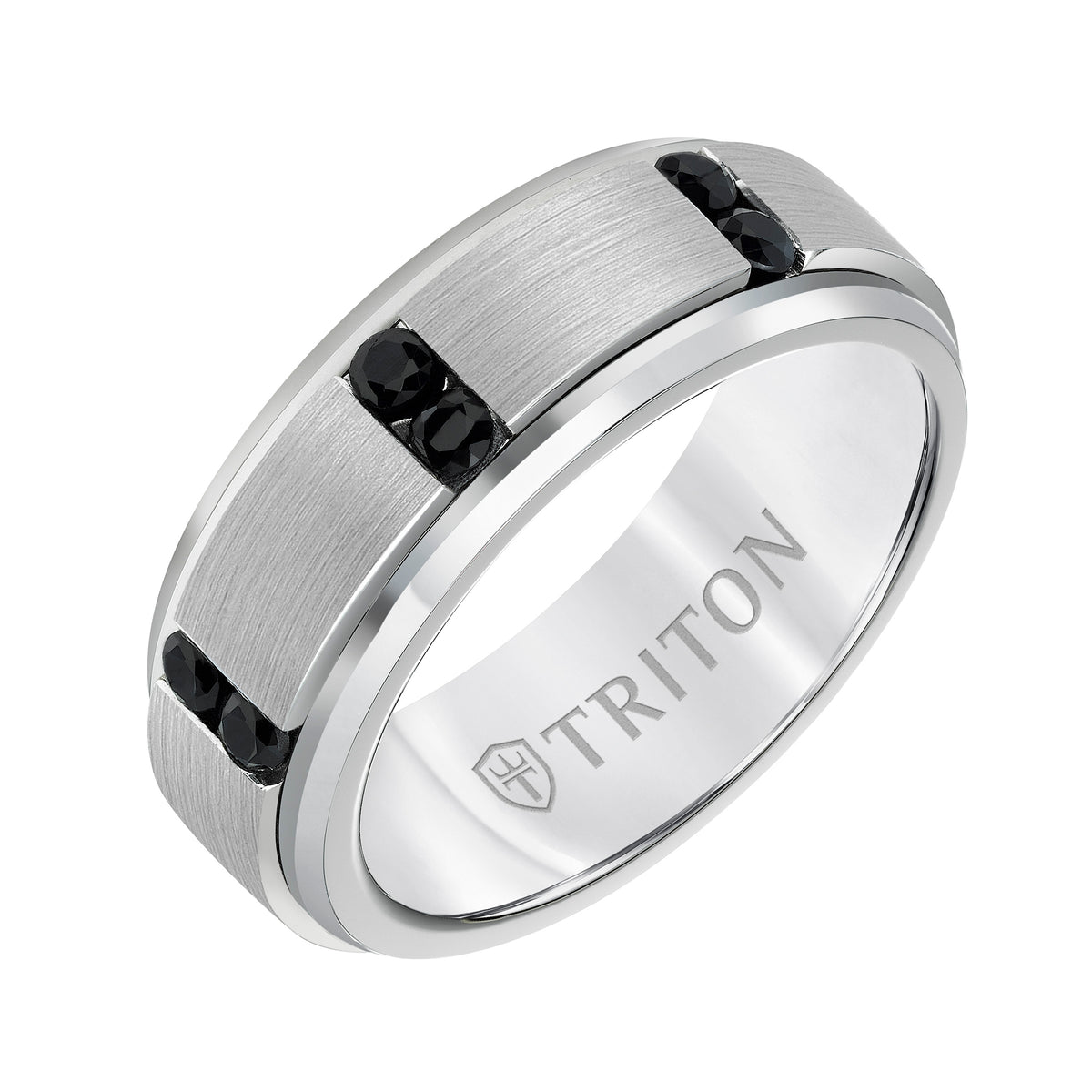 8MM White Tungsten Black Sapphire Ring - Vertical Channel Set Silver Satin Finish and Bevel Edge