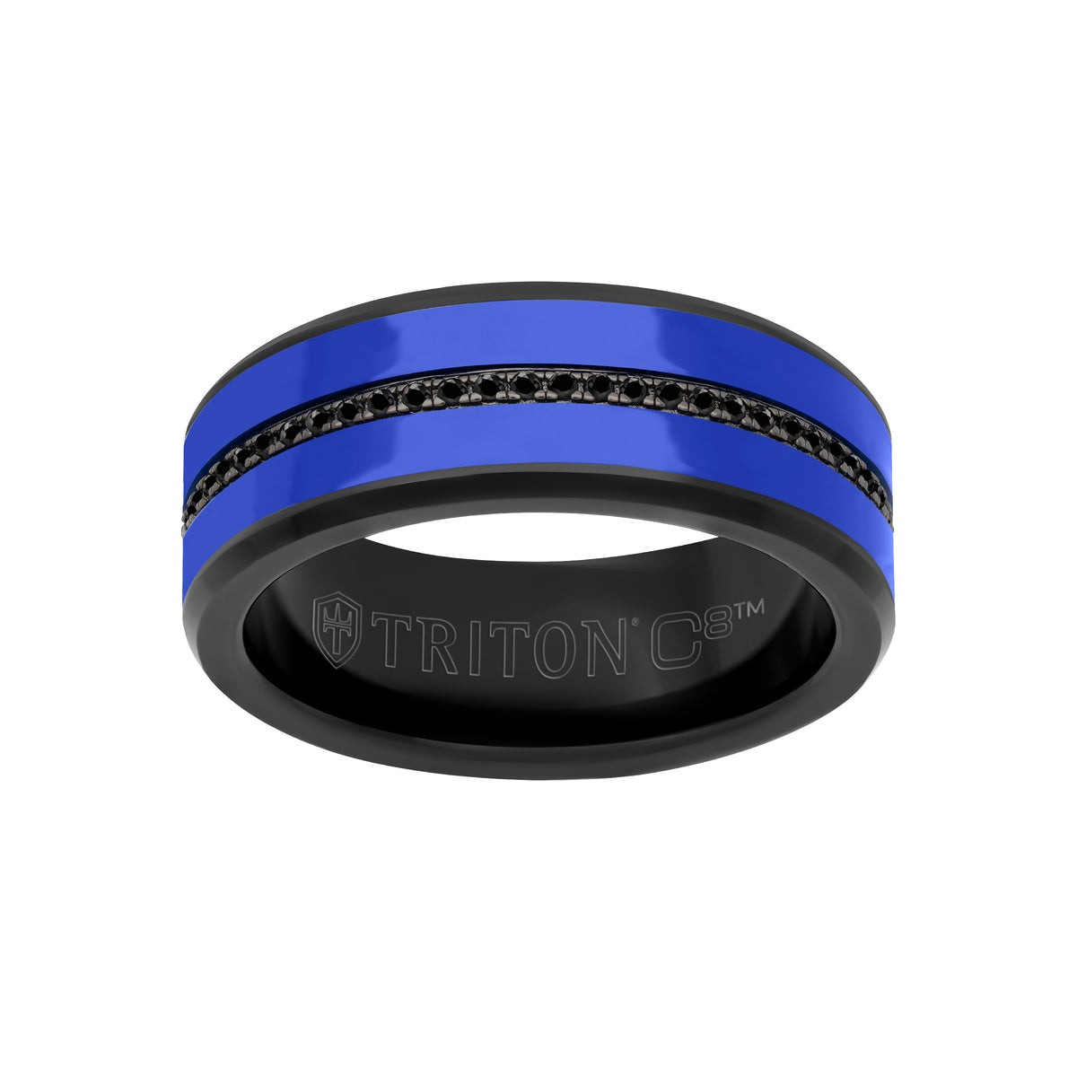 8MM Tungsten Carbide Ring - Ceramic C8 Inlay with Eternity Black Sapphires and Broken Edge