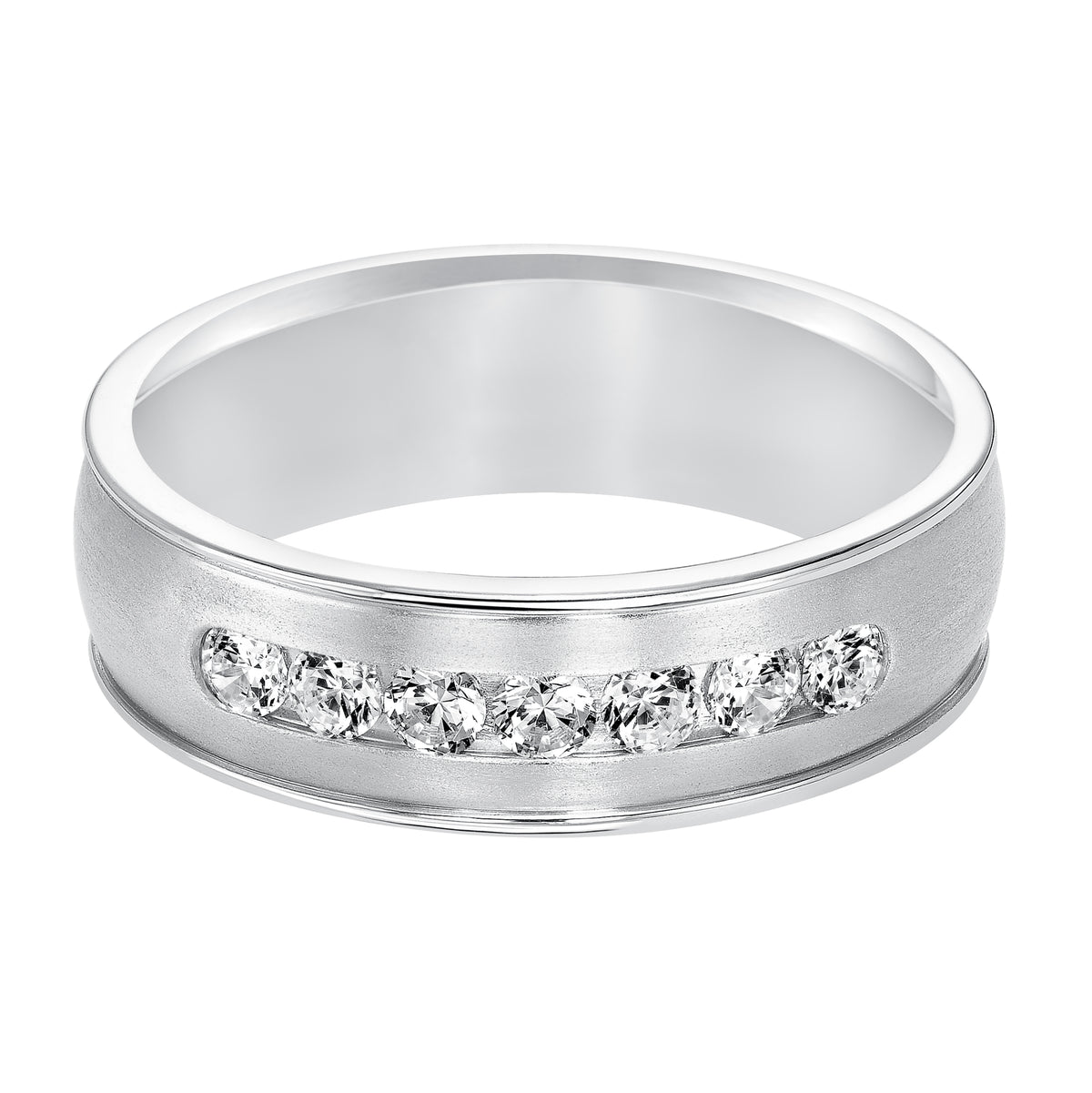 Distinct yet timeless, this low-domed, Comfort Fit, 7 stone diamond wedding band features satin finish with round edges