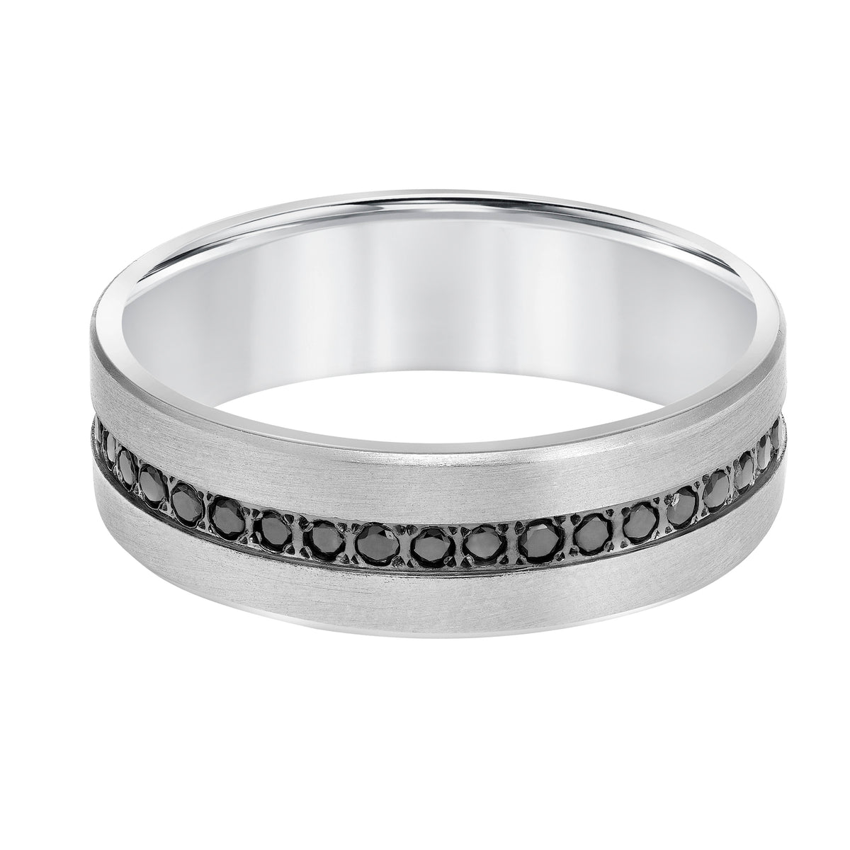 An Exquisite Row of Black Diamonds Satin Finish and Rolled Edges Perfect the Luxurious Design of this Comfort Fit Wedding Band