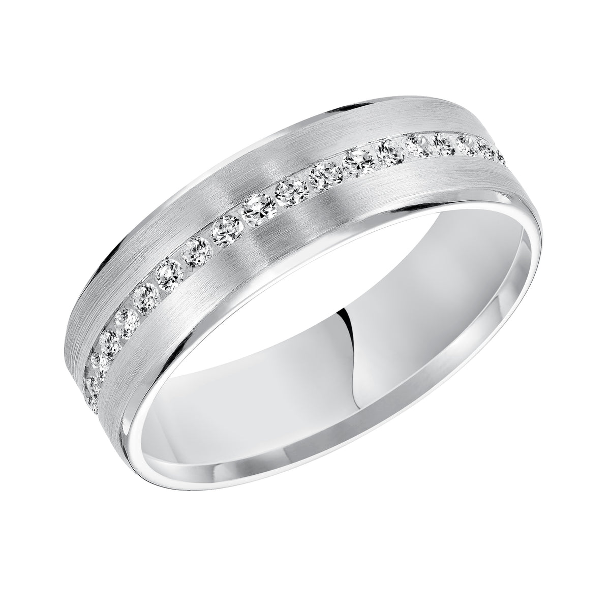 An exquisite row of 40 diamonds, satin finish and rolled edges perfect the luxurious design of this Comfort Fit, wedding band