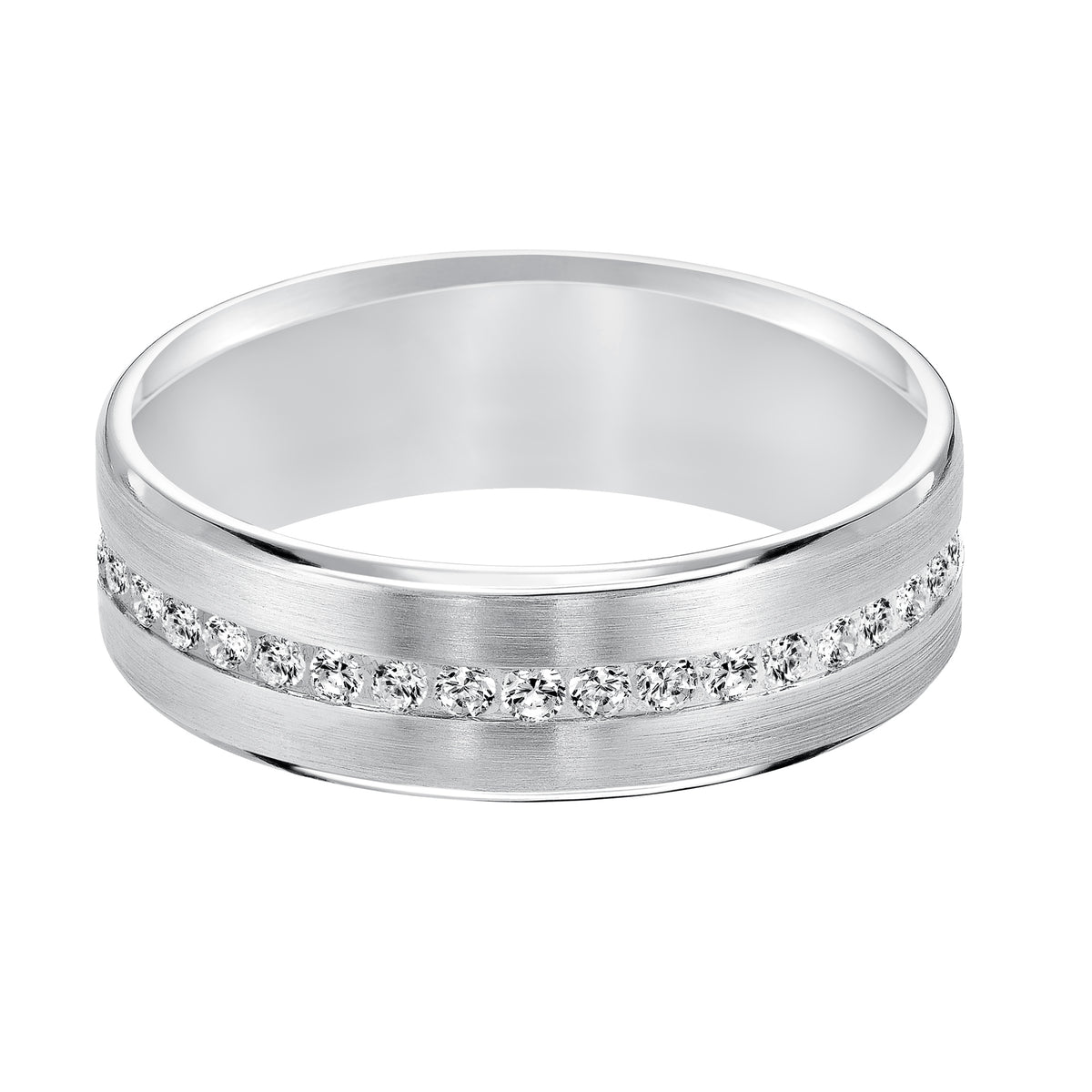 An exquisite row of 40 diamonds, satin finish and rolled edges perfect the luxurious design of this Comfort Fit, wedding band