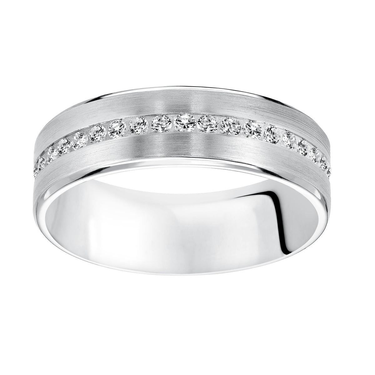 An exquisite row of 40 diamonds, satin finish and rolled edges perfect the luxurious design of this Comfort Fit, wedding band