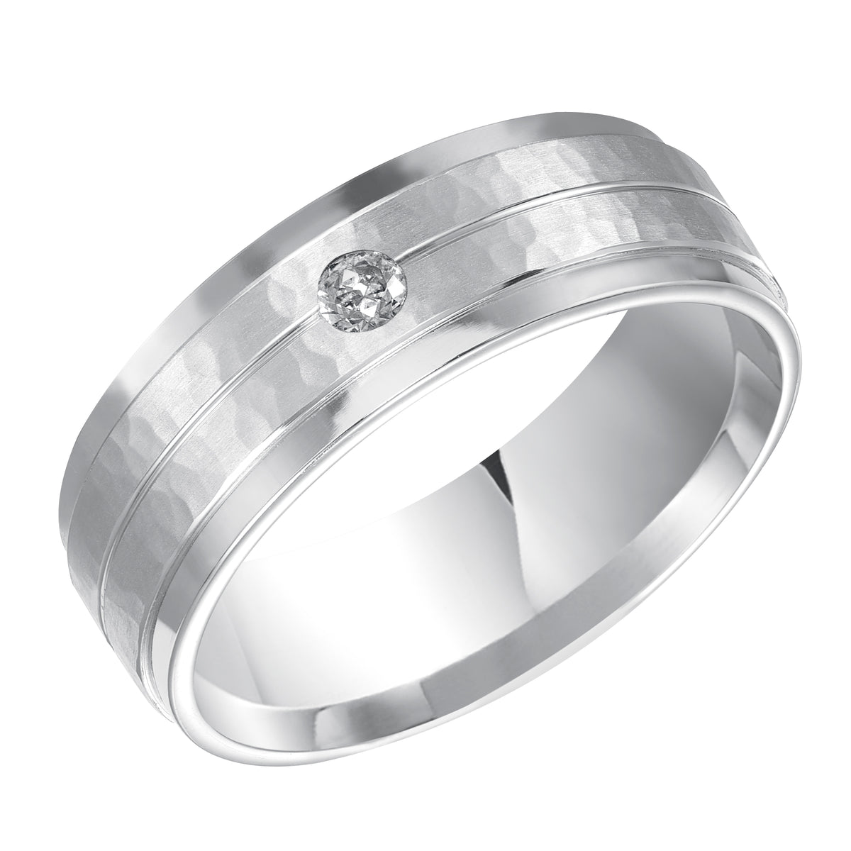A modern classic, this Comfort Fit wedding band features a single stone diamond enhanced with a brushed, hammer finish and rolled edges