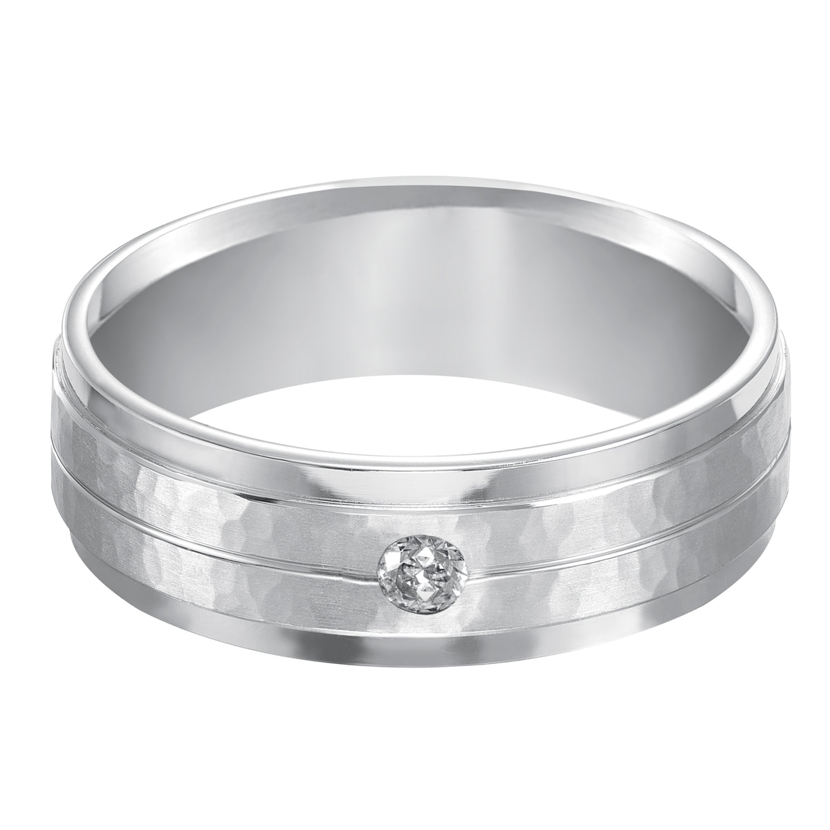 A modern classic, this Comfort Fit wedding band features a single stone diamond enhanced with a brushed, hammer finish and rolled edges