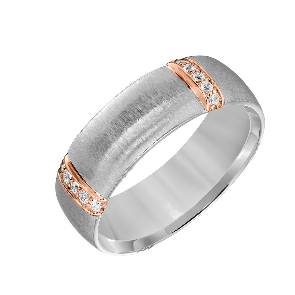 7MM Wedding Band with Vertical Brushed Finish, Diamond Vertical Stations and Dome Profile