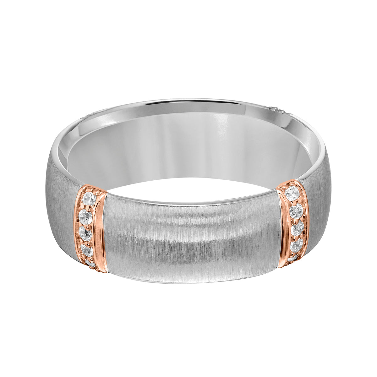 7MM Wedding Band with Vertical Brushed Finish, Diamond Vertical Stations and Dome Profile