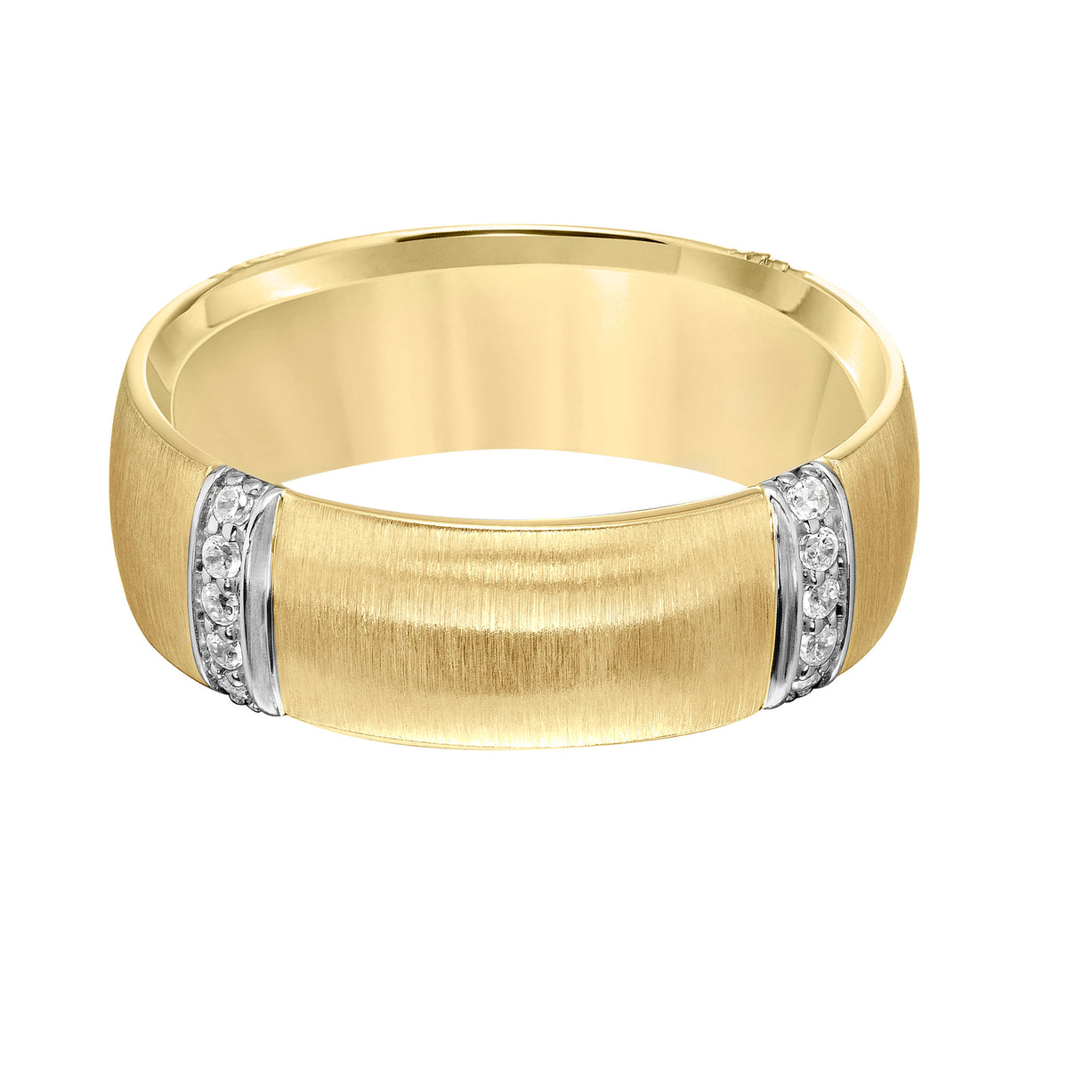 7MM Wedding Band with Vertical Brushed Finish, Diamond Vertical Stations and Dome Profile
