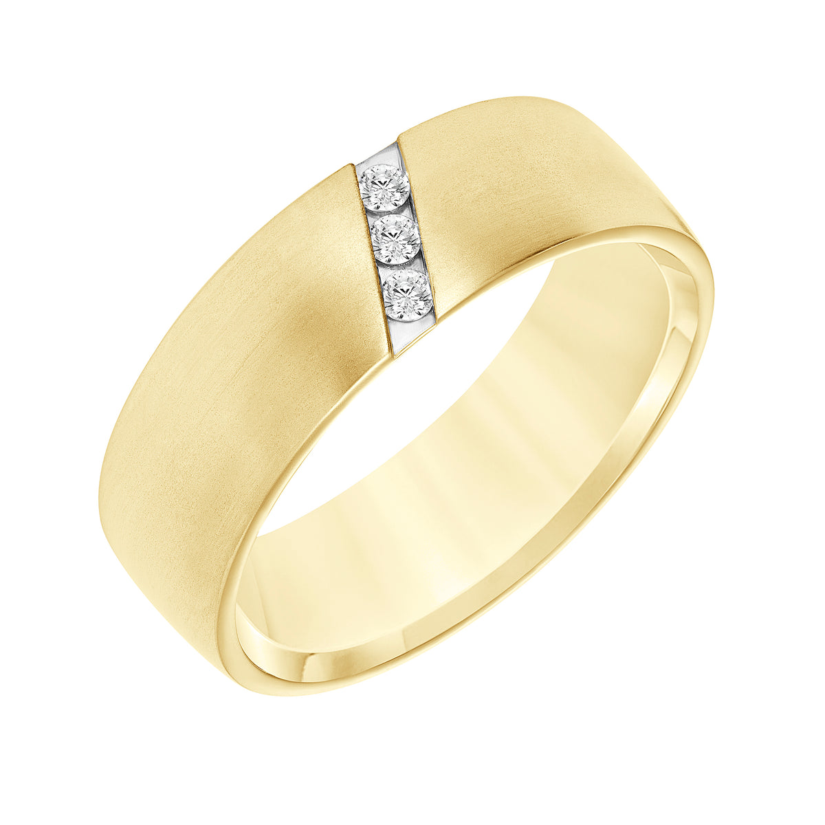 Ladies Band with Domed Satin Finish with Diagional Channel Set Diamond Detail and Rolled Edge