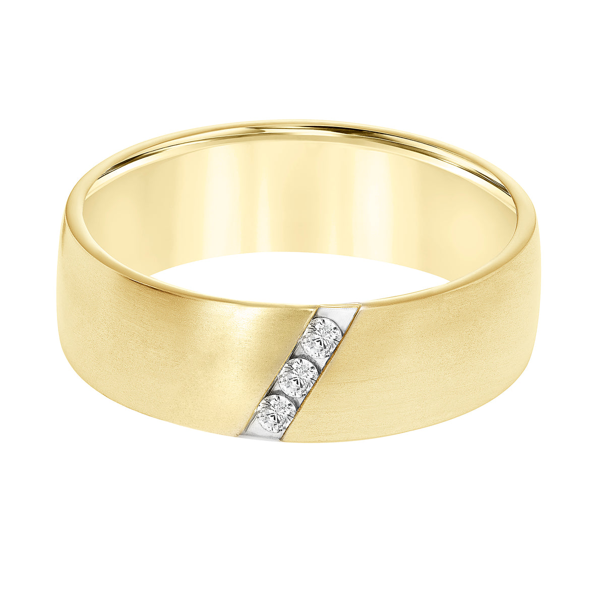 Ladies Band with Domed Satin Finish with Diagional Channel Set Diamond Detail and Rolled Edge