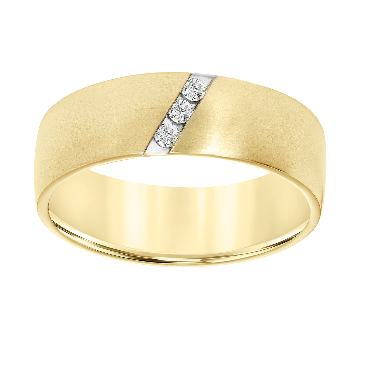 Ladies Band with Domed Satin Finish with Diagional Channel Set Diamond Detail and Rolled Edge