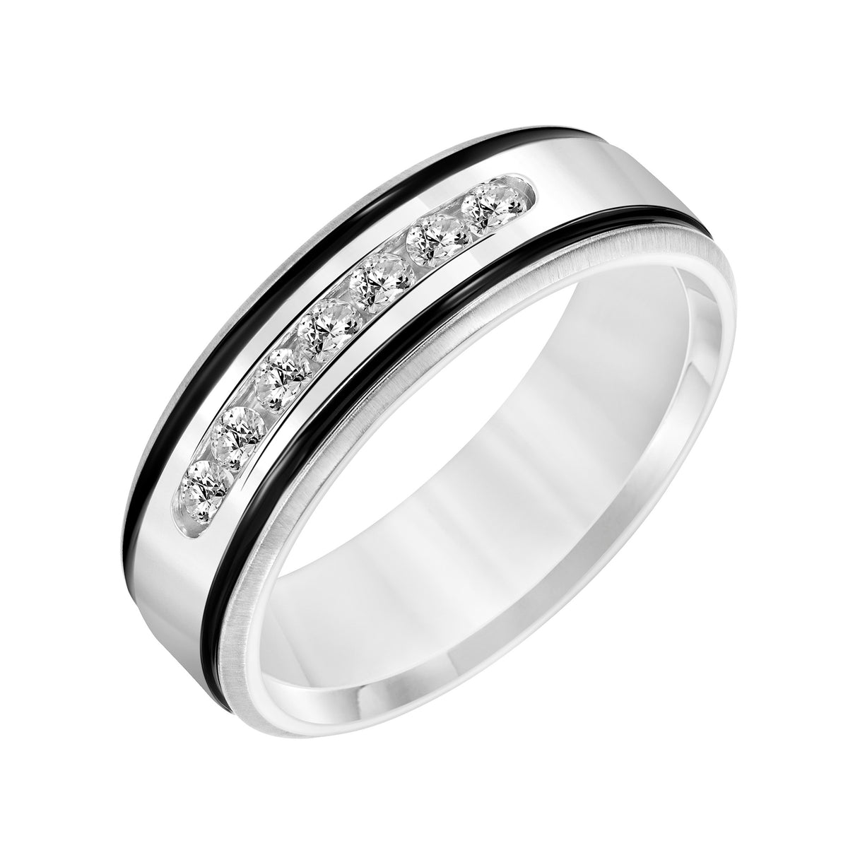 Mens Comfort Fit Wedding Band with Channel Set Diamond Center and Black Epoxy Side Stripes  Bright Center and Satin Finish Edge
