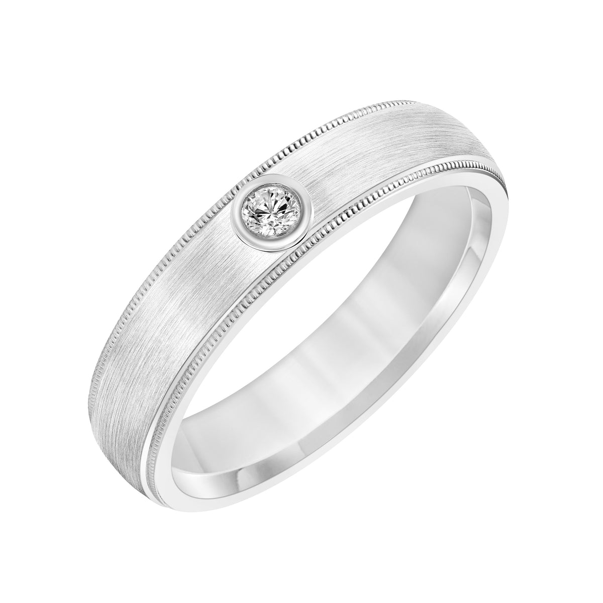 5MM 14K Gold Bezel Set Diamond Solitaire Wedding Band with Crystalline Finish and Milgrain Step Dome