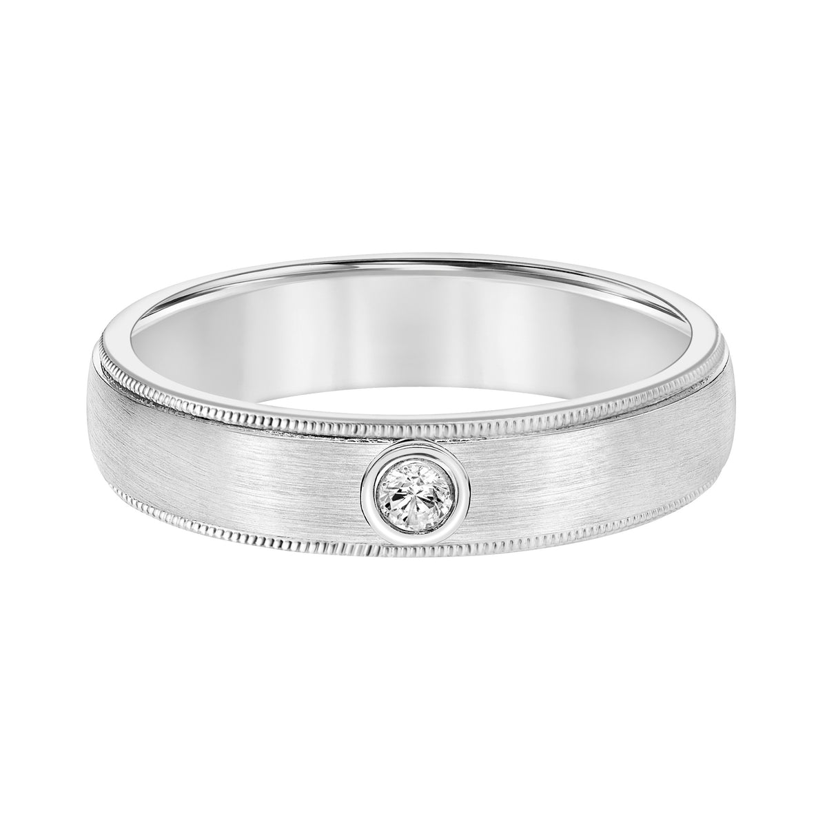 5MM 14K Gold Bezel Set Diamond Solitaire Wedding Band with Crystalline Finish and Milgrain Step Dome