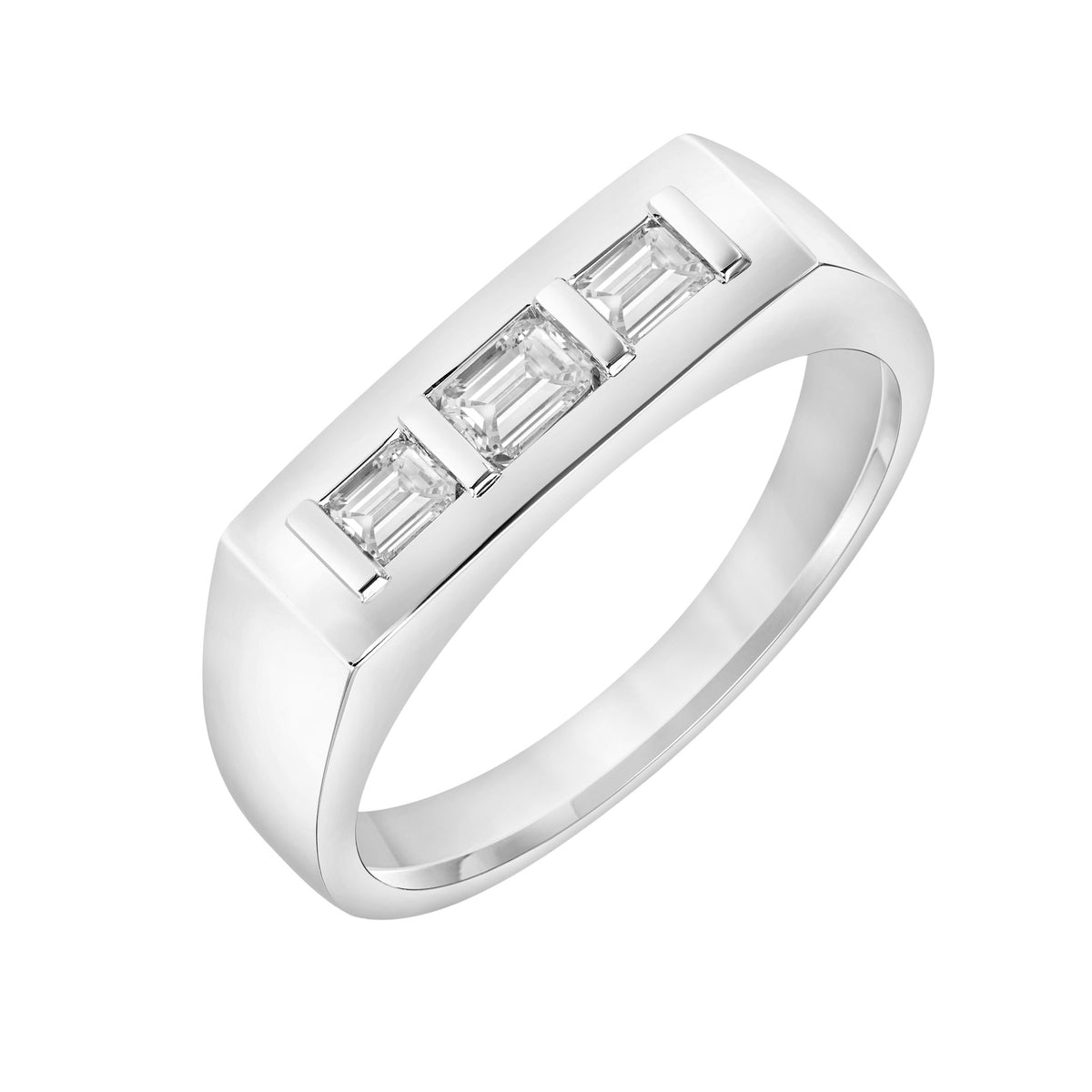 2.8mm Men's Modern Polished Signet Band with Three-Stone Emerald Lab-Grown Diamonds