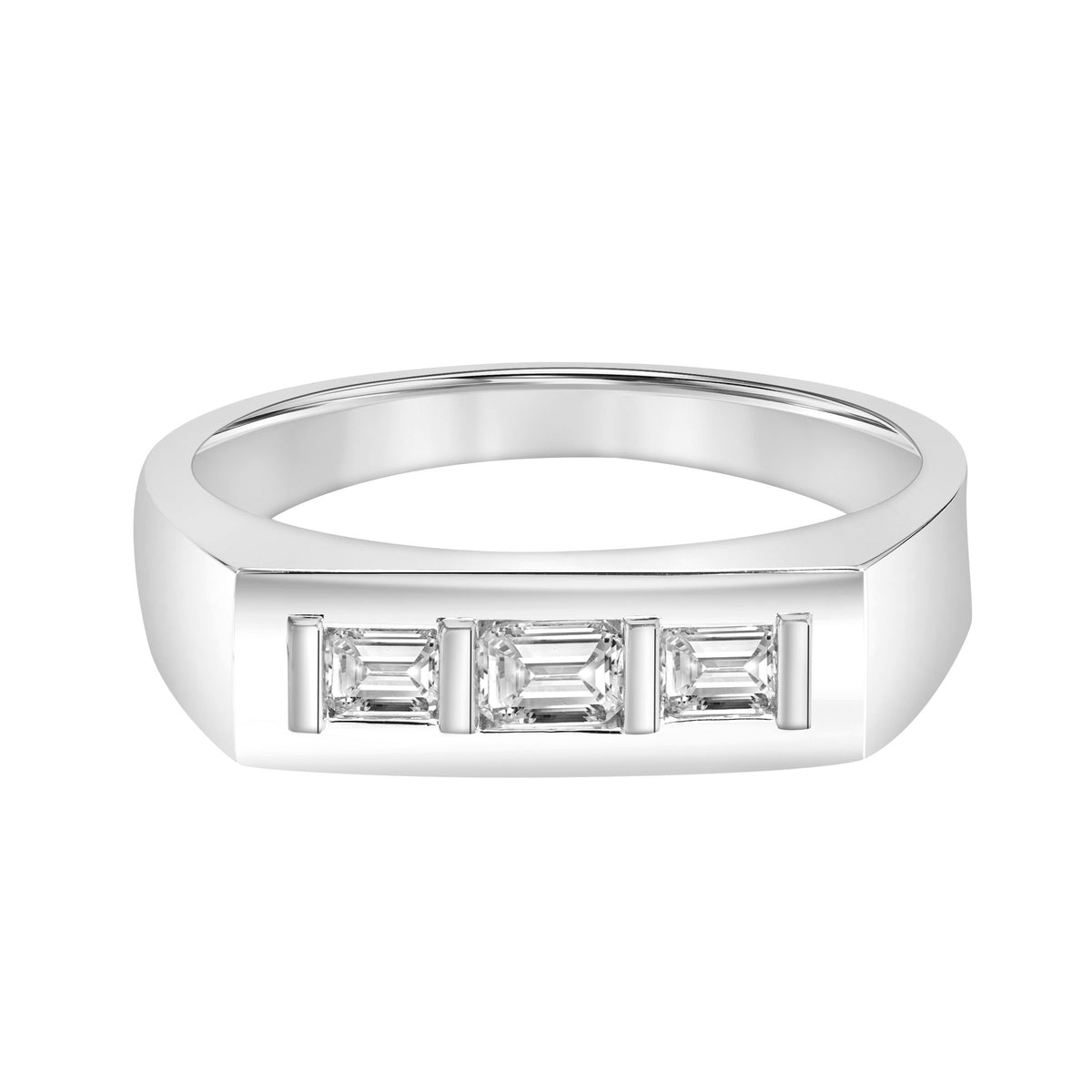 2.8mm Men's Modern Polished Signet Band with Three-Stone Emerald Lab-Grown Diamonds