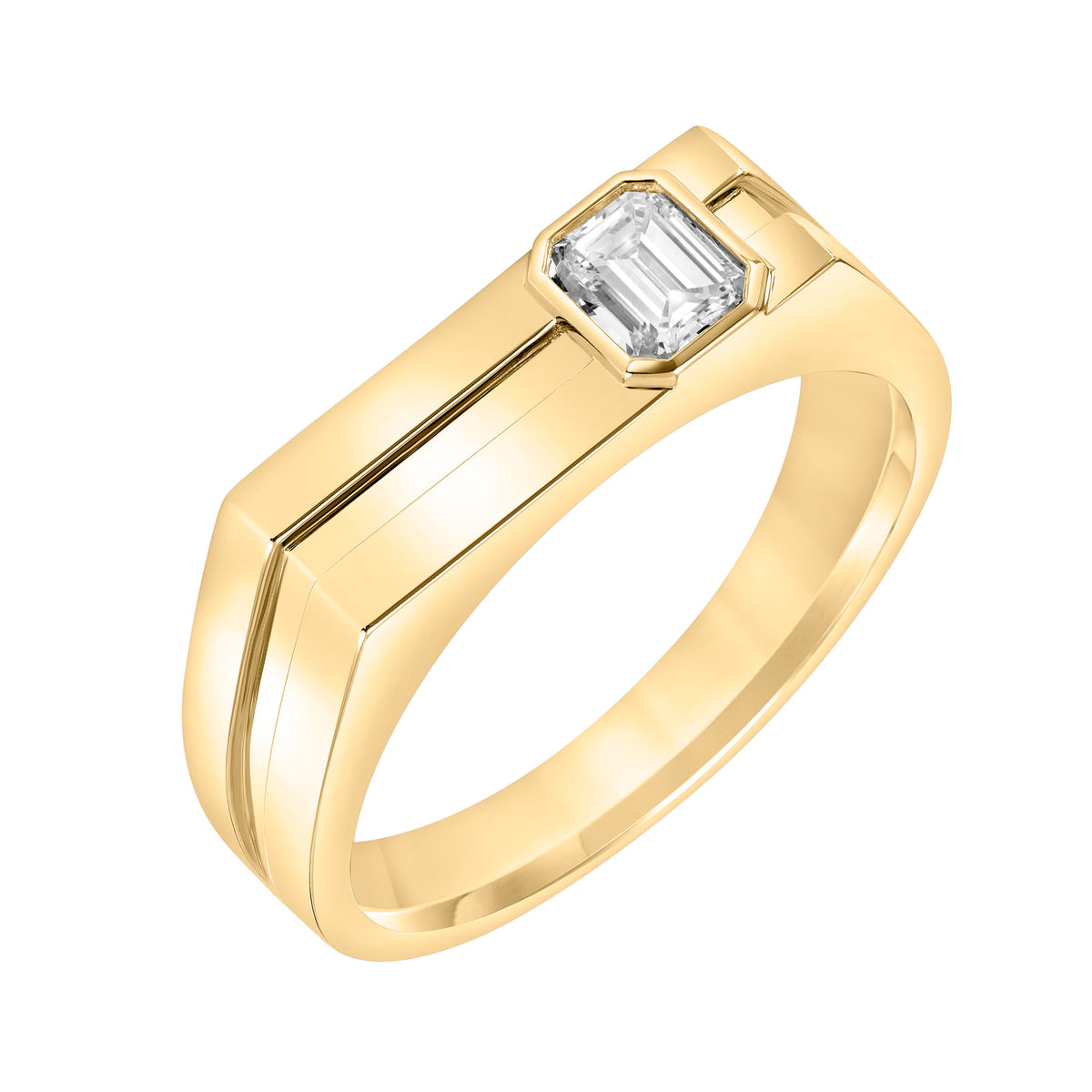 3.5mm Men's Modern Polished Signet Band with Asymmetrical Emerald Lab-Grown Diamond
