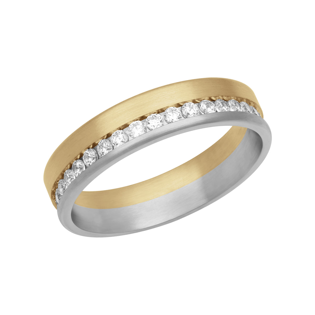 5MM Platinum and 14K Rose Gold with Asymmetrical Eternity Diamond Channel and Flat Edge Fusion Band