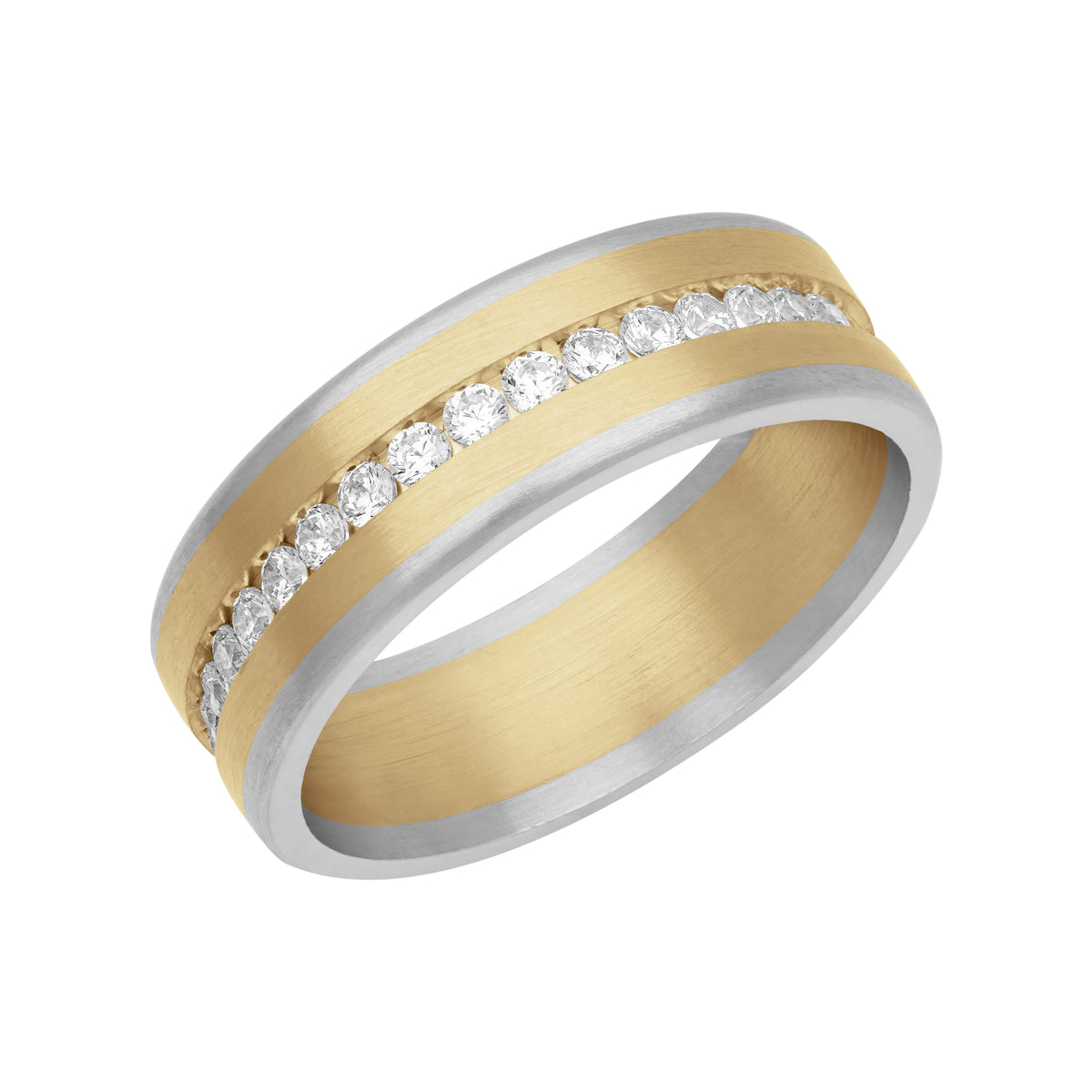 7MM Platinum and 14K Yellow Gold with Center Eternity Diamond Channel and Flat Edge Fusion Band