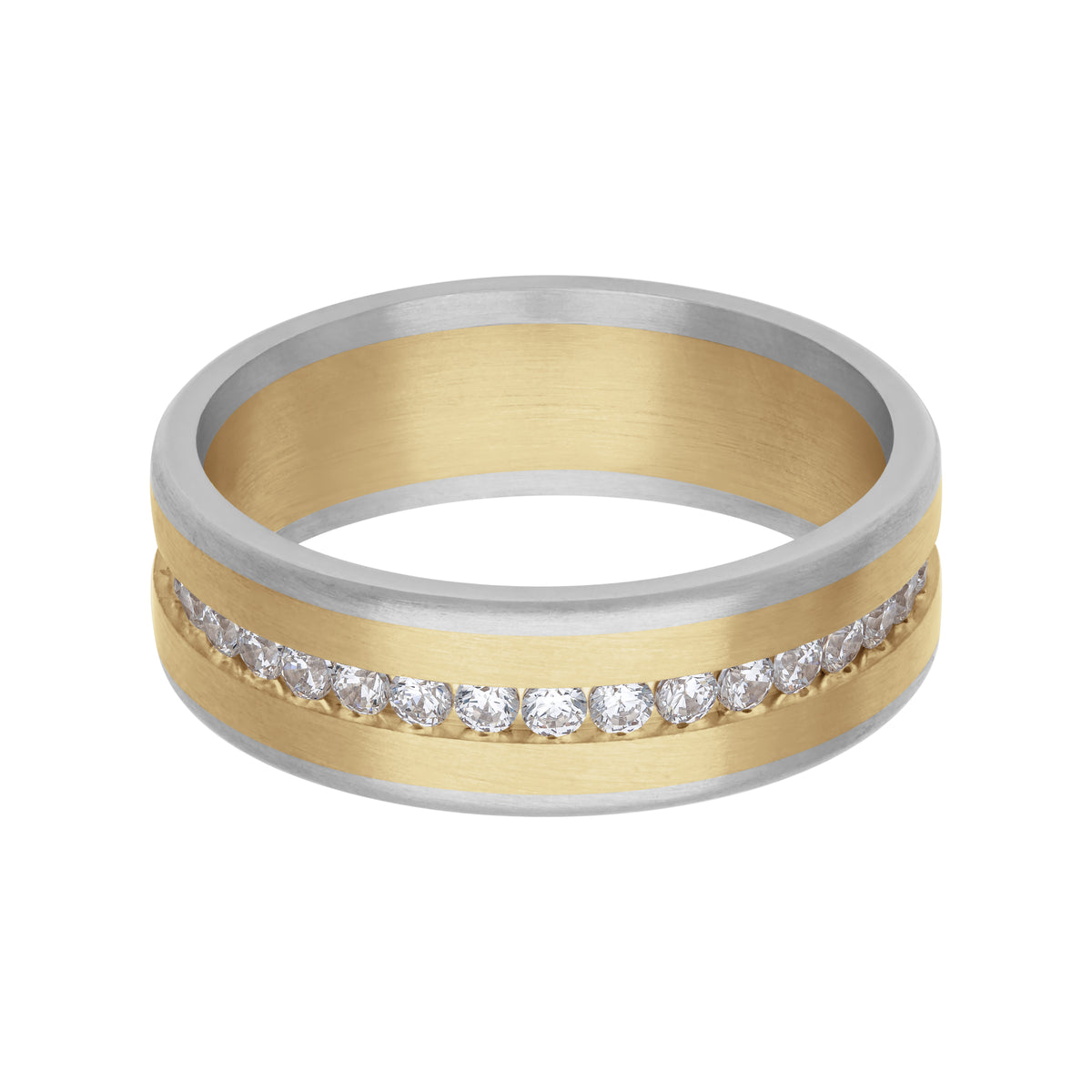 7MM Platinum and 14K Yellow Gold with Center Eternity Diamond Channel and Flat Edge Fusion Band