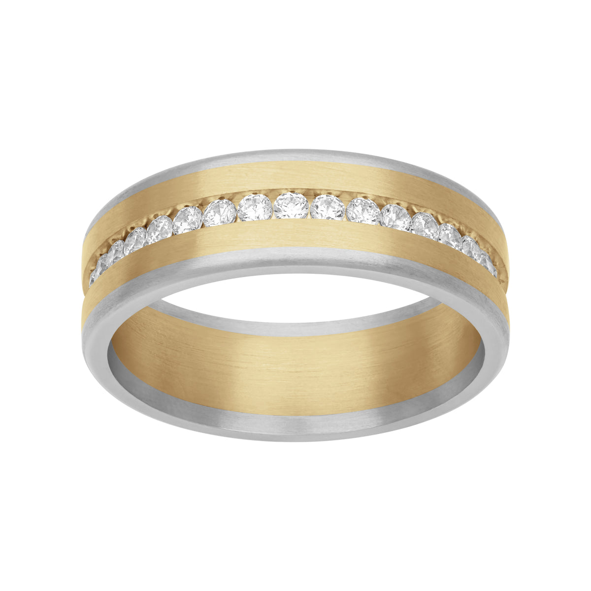 7MM Platinum and 14K Yellow Gold with Center Eternity Diamond Channel and Flat Edge Fusion Band