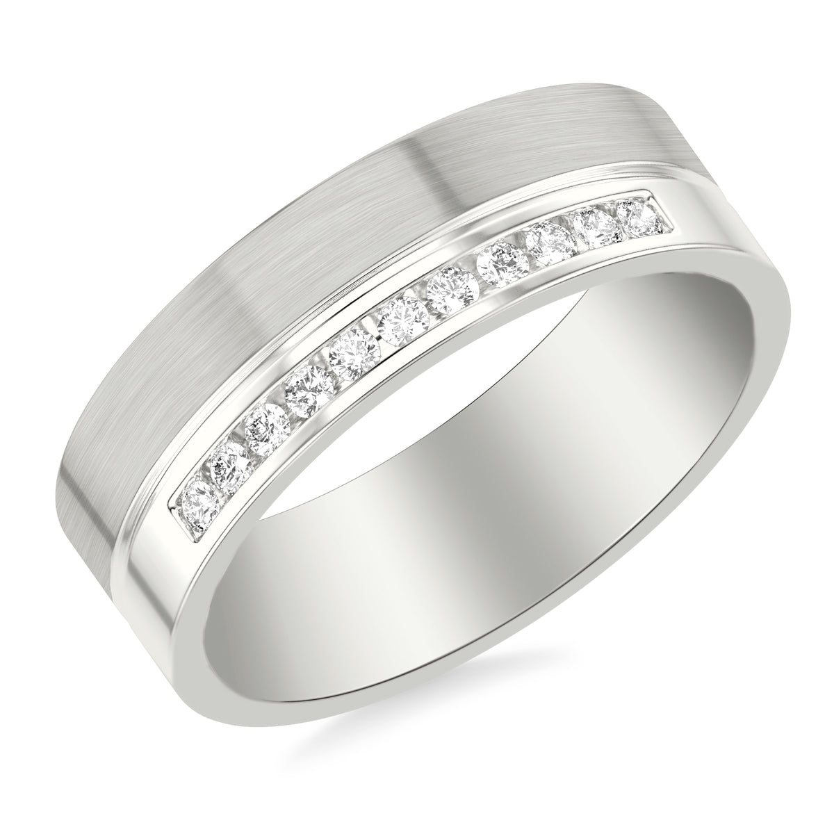 7MM Band with Asymmetrical Channel Set Diamonds and Polished and Brushed Finishes Separated by Horizontal Groove and Flat Top & Flat Edge Profile